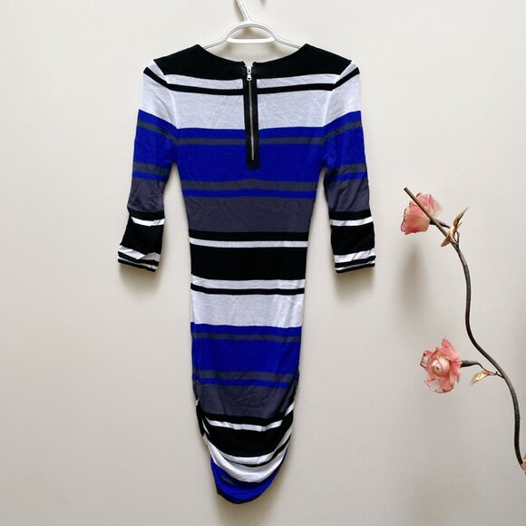 NWT Le Chateau Blue Black Striped 3/4 Sleeve Rib Knit Midi Bodycon Dress - Picture 3 of 5
